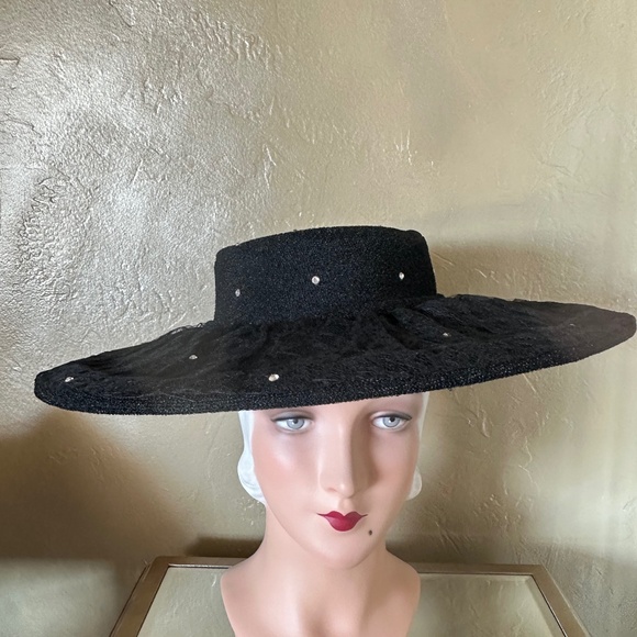 GLITZY 1950\'s BLACK FABRIC/LACE  WIDE BRIM HAT + RHINESTONES main image 4